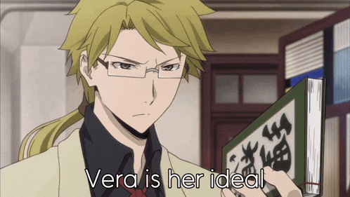 a man holding a book with vera is her ideal written on the bottom