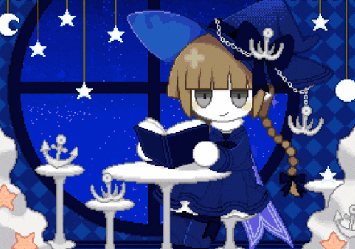 a pixel art of a girl reading a book in front of a window