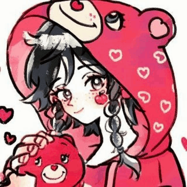 a girl in a pink teddy bear costume is holding a stuffed animal .