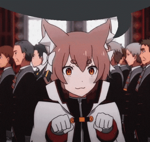 a girl with cat ears is standing in a crowd of people