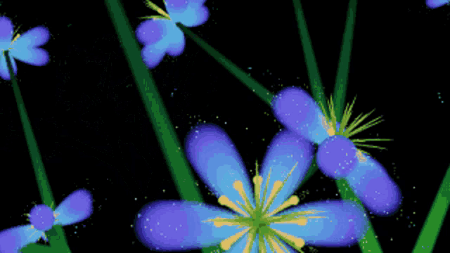 blue flowers on a black background with a yellow center
