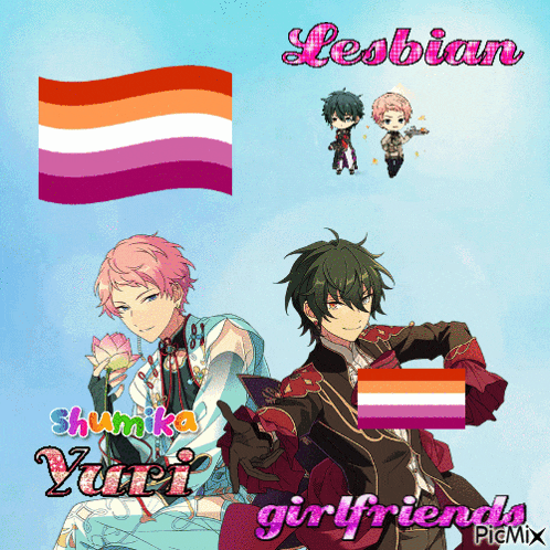 a picture of two anime characters with the words lesbian girlfriends