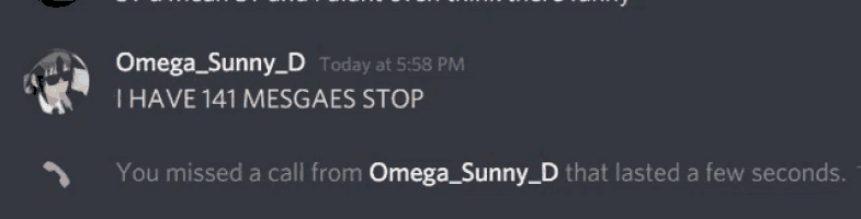 a screenshot of a discord conversation between omega_sunny_d and you missed a call from omega_sunny_d