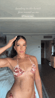 a woman in a bikini with the words heading to the beach first round on me on the bottom