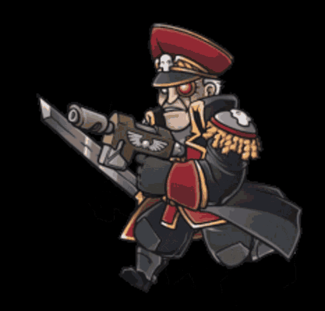 a cartoon of a man in military uniform holding a sword and a gun