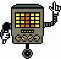 a pixel art illustration of a robot with a hand and a microphone .