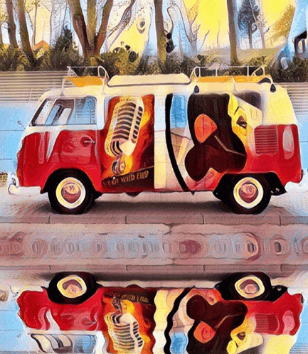 a painting of a red van with a microphone on the side that says " you will find "