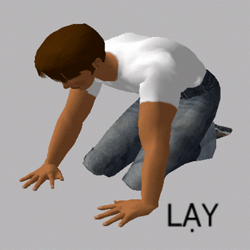 a 3d rendering of a man kneeling down with the word lay below him