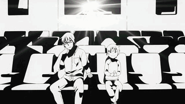 a black and white drawing of a man and a child sitting in a theater