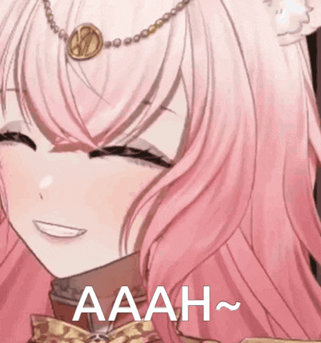 a close up of a pink haired anime girl with the word aaah written on the bottom