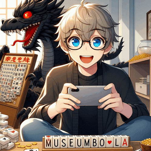 a boy playing a game with a dragon in the background