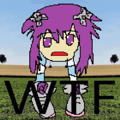 a pixel art drawing of a girl with purple hair and the words wtf below her