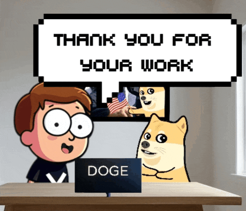 a cartoon doge says thank you for your work in a pixelated speech bubble