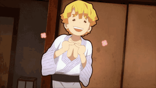 a cartoon character with yellow hair is smiling and holding his hands up