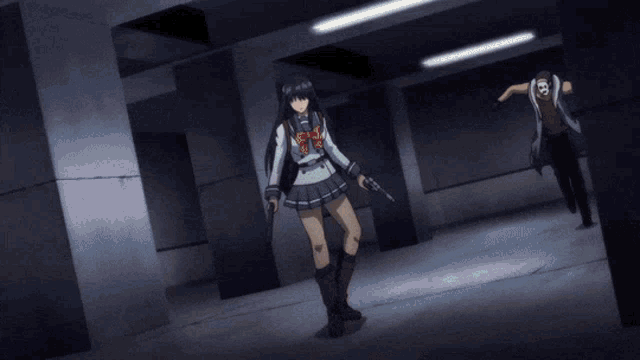 a girl in a school uniform is holding a gun while a man in a mask is running behind her