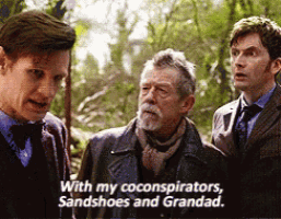 three men standing next to each other with the words " with my coconspirators sandshoes and grandad " on the bottom