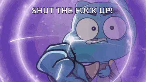 a cartoon character says shut the fuck up in a purple circle .
