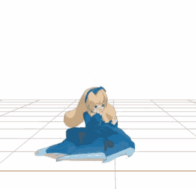 a 3d model of a girl in a blue dress is dancing on a white tiled floor .