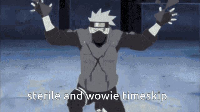 a cartoon character is dancing with the words sterile and wowie timeskip below him