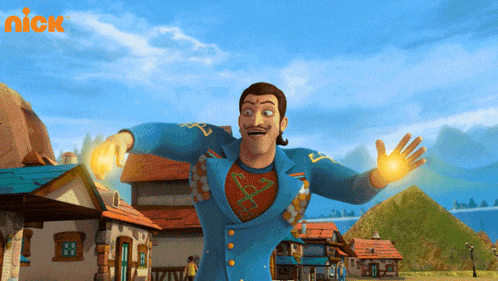 a man in a blue suit is standing in front of a nick logo