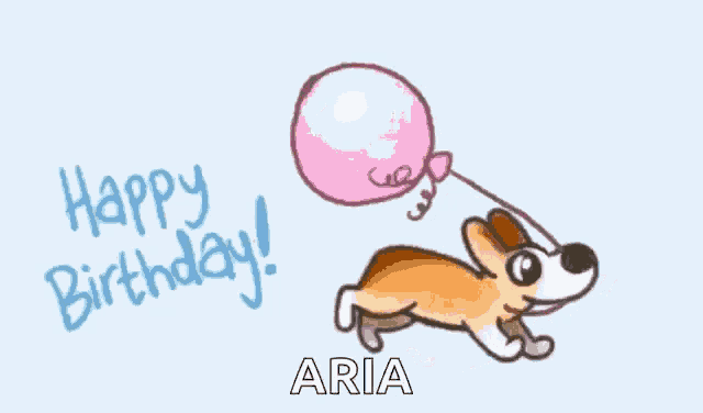 a cartoon of a dog holding a pink balloon with the words happy birthday aria below it