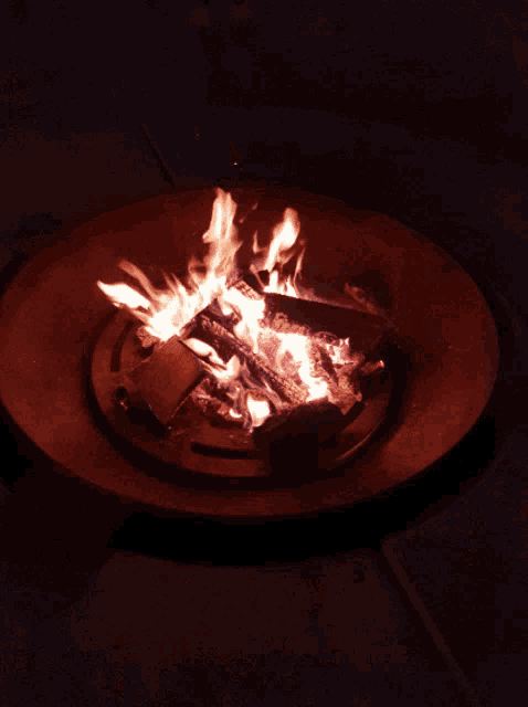 a fire is burning in a metal fire pit
