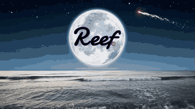 a full moon with the word reef on it over the ocean