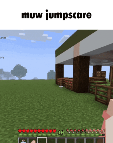 a screenshot of a minecraft game with the words muw jumpscare above it