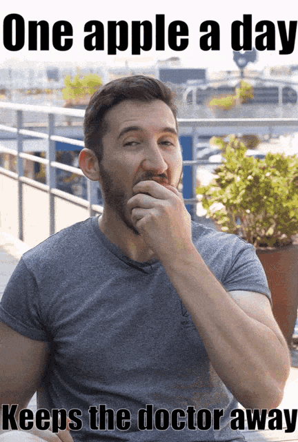 a man eating an apple with a caption that says one apple a day
