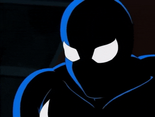 a black and blue superhero with white eyes is standing in the dark