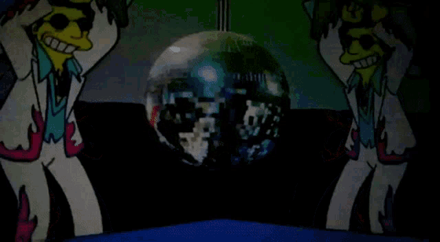 a cartoon of two men dancing in front of a disco ball