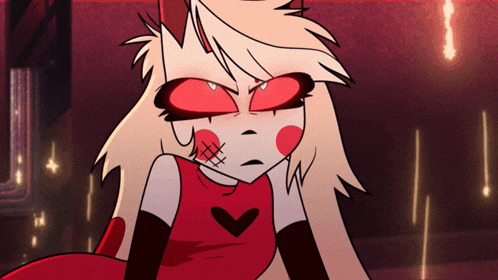 a cartoon drawing of a girl with red eyes and a heart on her chest