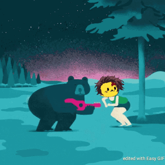 a cartoon of a bear holding a pink guitar and a girl with a yellow face is edited with easy gif