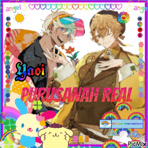 a picture of two anime characters with the words ' yaoi purusnah real ' on it
