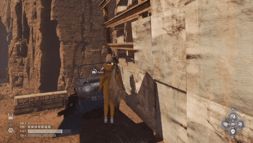 a screenshot of a video game shows a person in a yellow suit