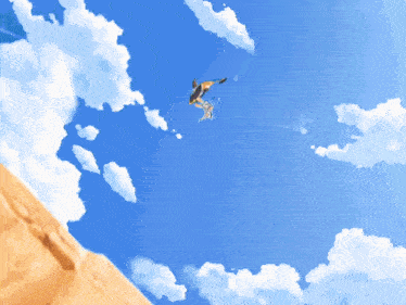 a painting of a person flying through a cloudy blue sky