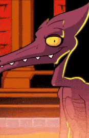 a purple cartoon character with yellow eyes and a long neck