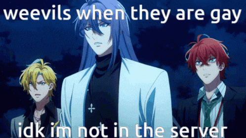 three anime characters standing next to each other with the caption weevils when they are gay idk i 'm not in the server