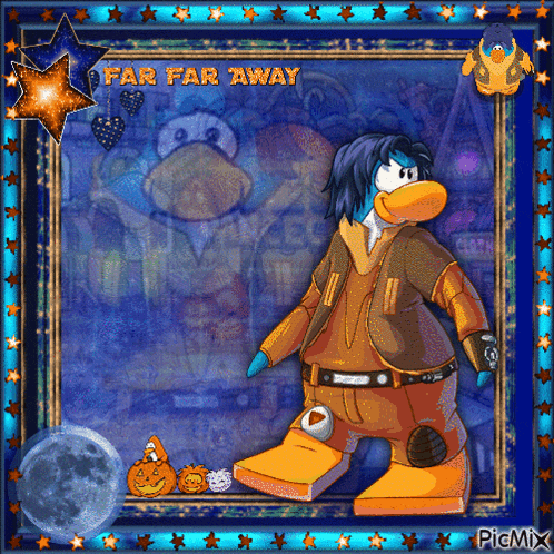 a picture of a penguin with the words far far away