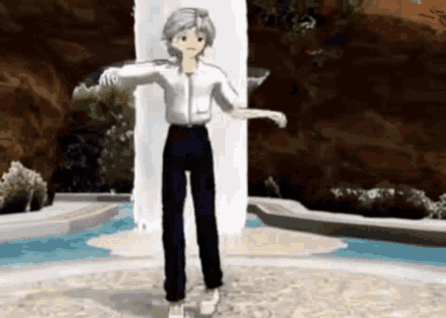 a 3d anime character is dancing in front of a waterfall