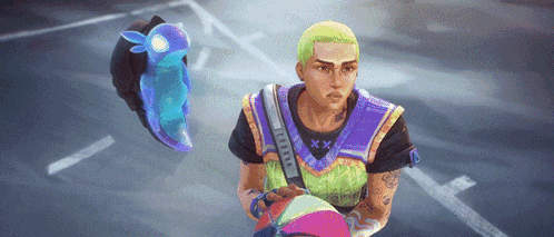 a man with green hair is holding a basketball while a purple and blue object is flying around him .