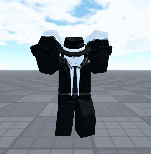 a cartoon character wearing a black suit and hat is standing in a empty room