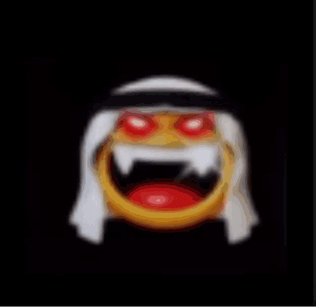 a close up of a smiley face wearing a white scarf and a hat with red eyes .