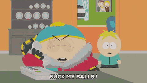 a cartoon character says " suck my balls " while talking on the phone