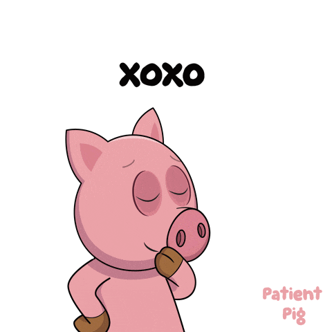 a cartoon pig is blowing a kiss with the words xoxo patient pig below it