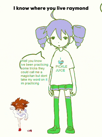a drawing of a girl with a pickle juice shirt