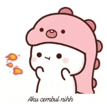 a cartoon character is wearing a pink dinosaur hat and holding a fireball in his mouth .