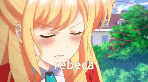 a close up of a blonde anime girl with the name rebeca on the bottom