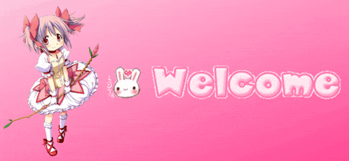 a pink background with the words welcome and a bunny on it