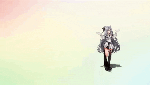 a girl with long grey hair is holding a plate in her hands